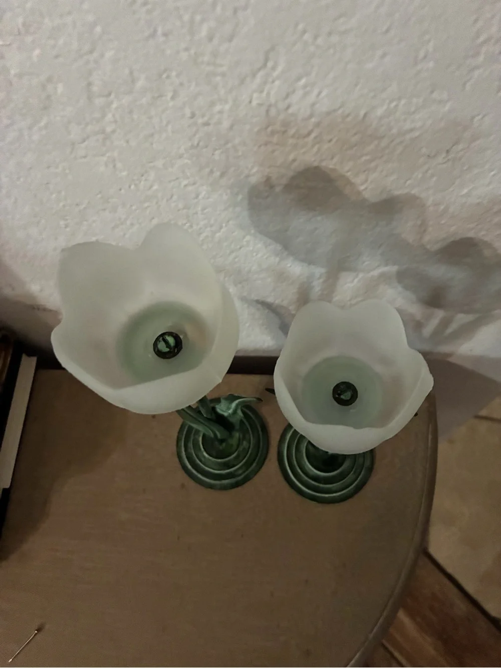 Vintage Green Metal Flower Candlesticks with Frosted White Glass Shades